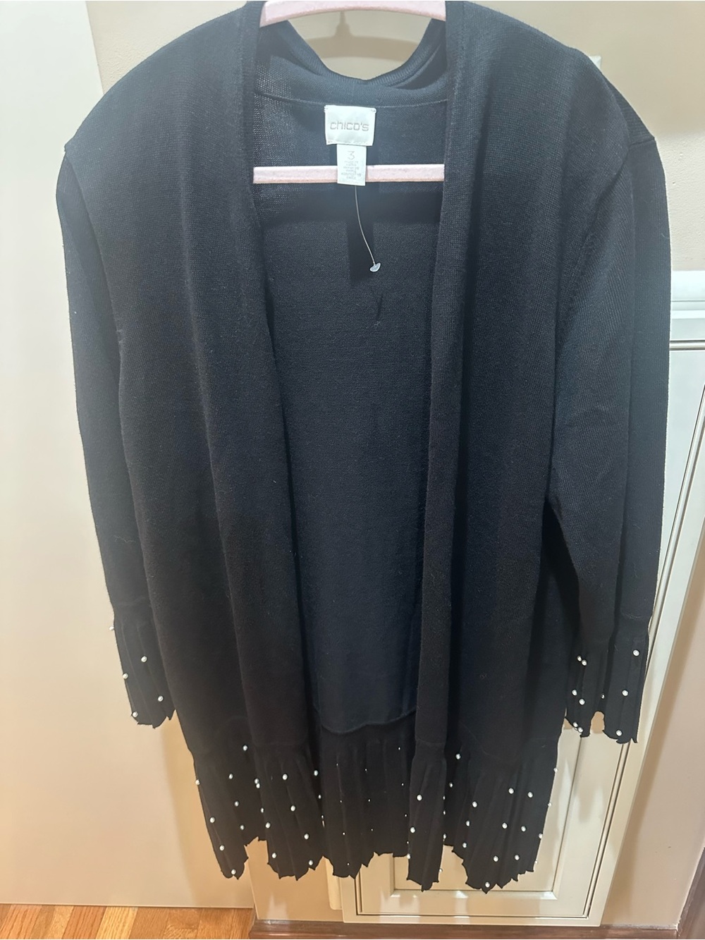 Chico's Black Open Front Sweater Cardigan with Pearl Trim